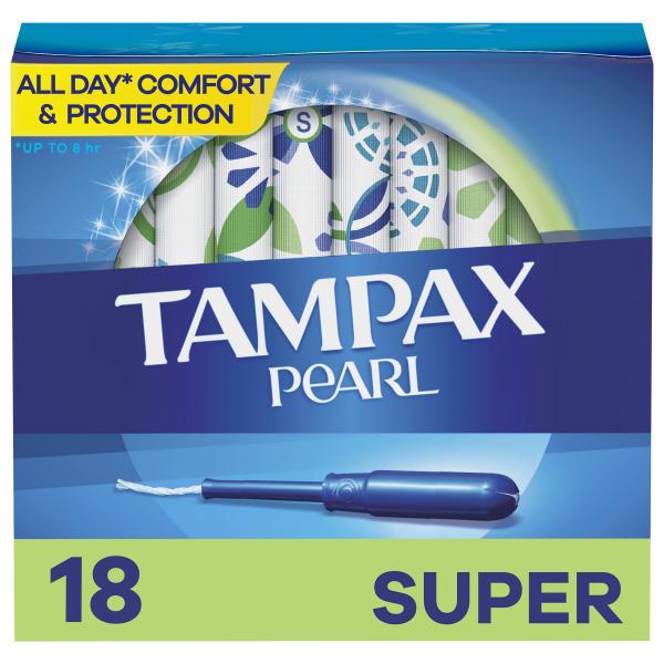 Tampax Pearl Tampons, with LeakGuard Braid, Super Absorbency, Unscented, 18 Count