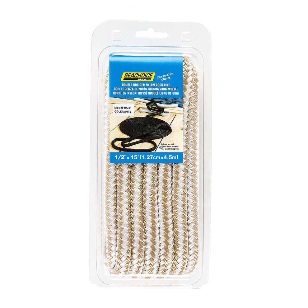 Double Braided Nylon Dock Line, Gold & White, 1/2in x 15ft