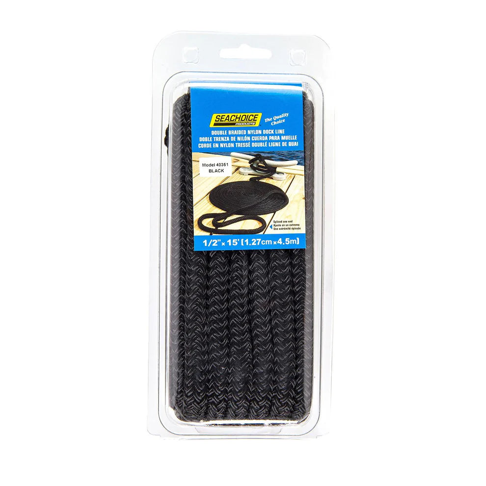 Double Braided Nylon Dock Line, Black, 1/2in x 15ft
