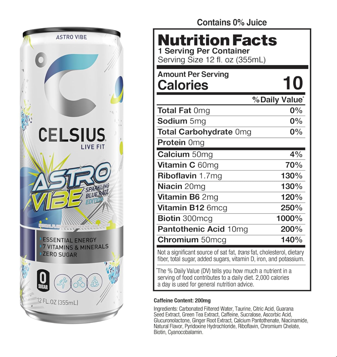 CELSIUS ASTRO VIBE Sparkling Blue Razz, Sugar Free Energy Drink, 12 Fl Oz