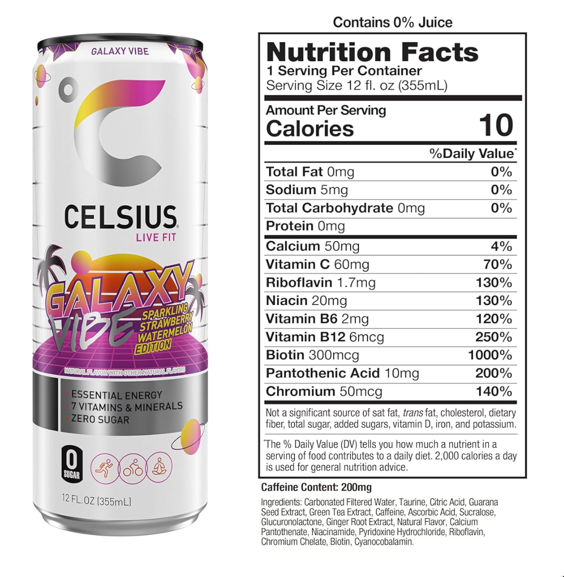 CELSIUS GALAXY VIBE Sparkling Strawberry Watermelon, Sugar Free Energy Drink, 12 Fl Oz