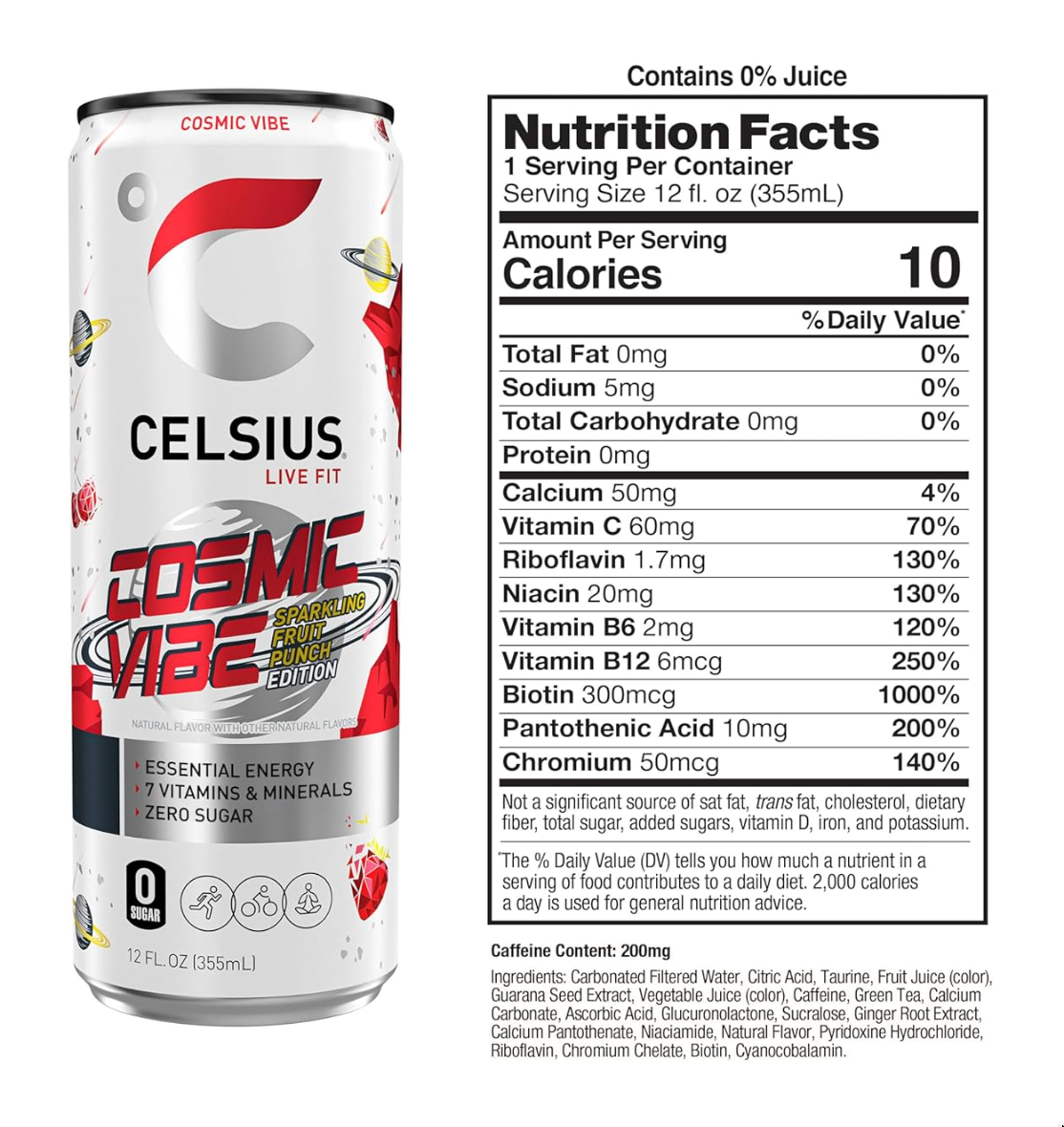 CELSIUS COSMIC VIBE Sparkling Fruit Punch, Sugar Free Energy Drink, 12 Fl Oz