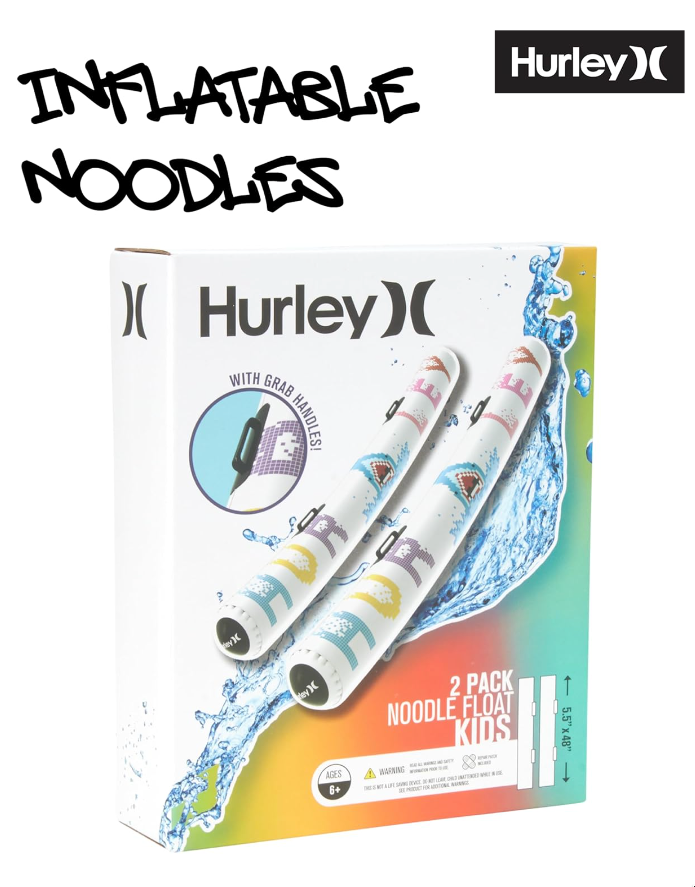 Hurley Inflatable Swim Noodle - 2 Pack Blow Up Swimming Pool Floats - Inflatable Pool Noodles Beach Accessories for Kids