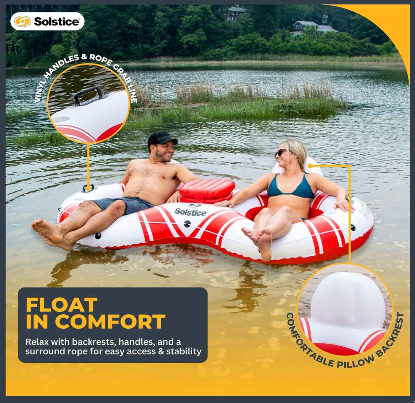 SOLSTICE Inflatable Tube Float – Heavy-Duty Material with Grab Handles for Pool, Lake & River – Compact with Backrest, Mesh Base, Cupholders & Rope – 2-Person, White & Red, 89" – Super Chill