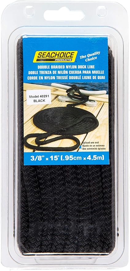 Seachoice Premium Double Braided Nylon Tie Down Cap, Black, 3/8" x 15'