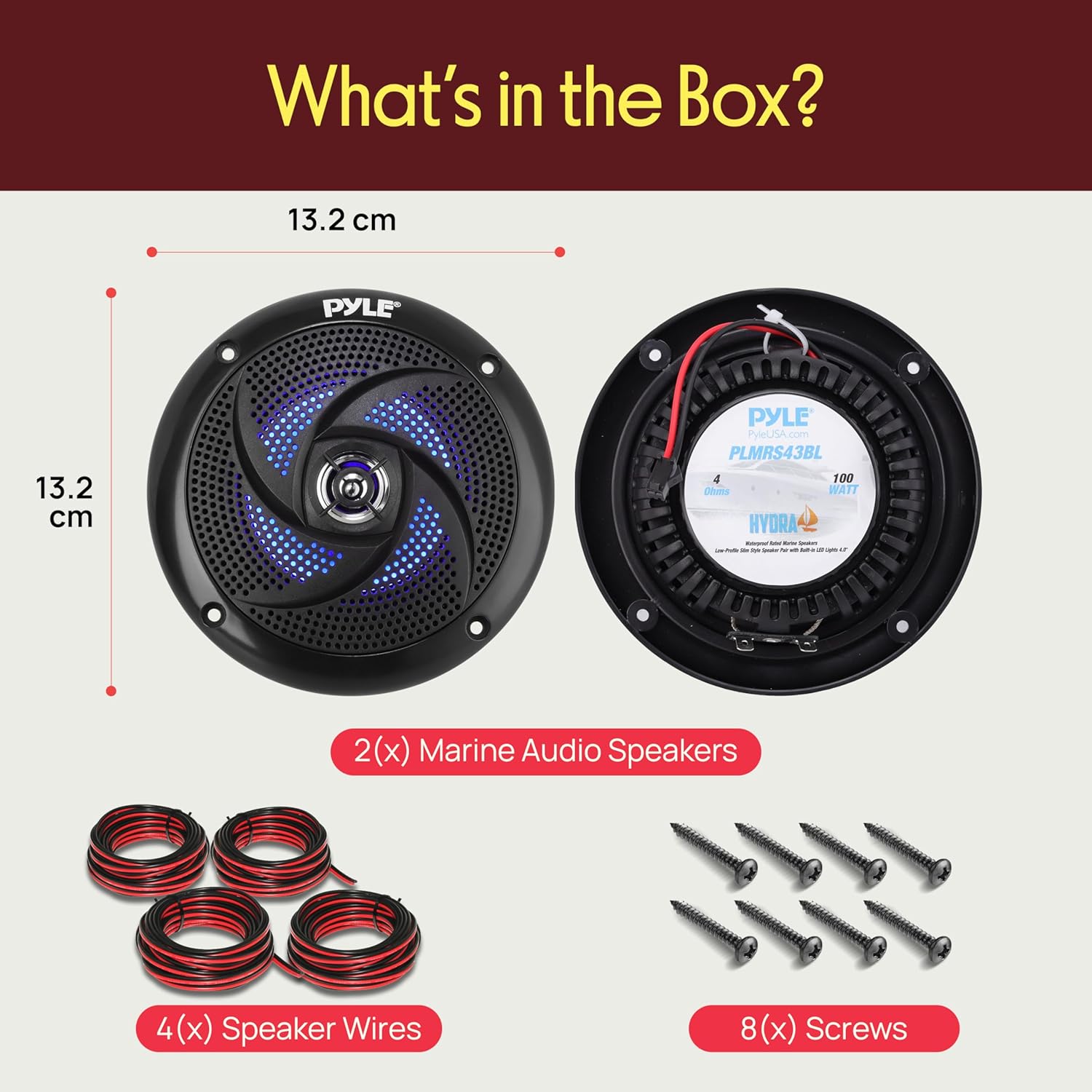 Pyle Waterproof Rated Marine Speakers - 4'' 2 Way Off-Road Vehicles & Weather Resistant Outdoor Audio Stereo Sound System w/ LED Lights, 100W Power, & Low Profile Slim Style, Pair, Black